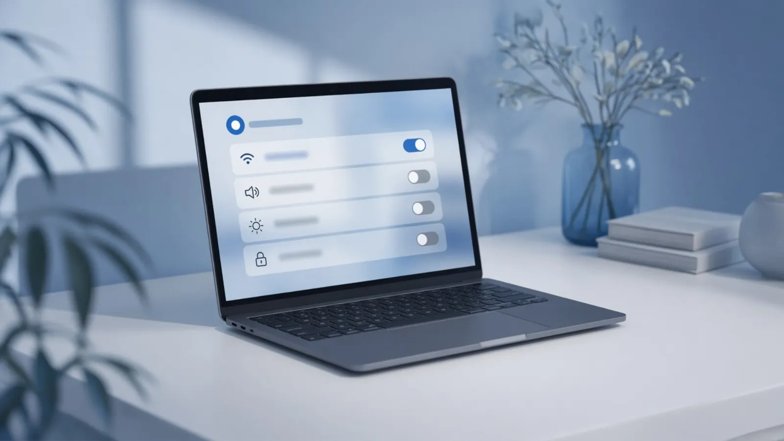 Laptop on a white desk showing a blurred generic settings screen