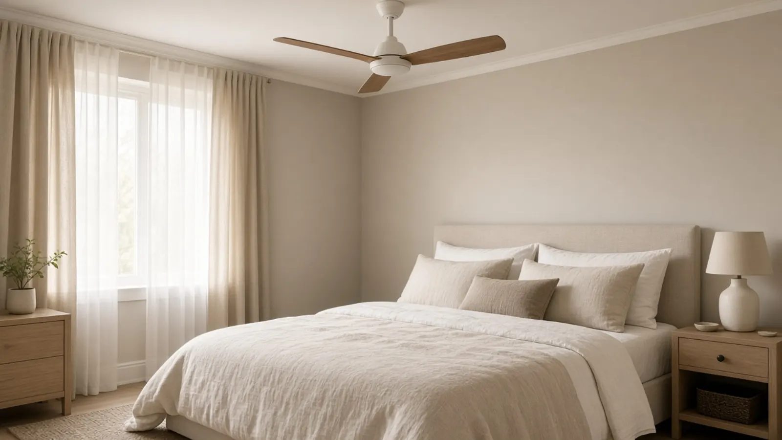 Bedroom with a white ceiling fan and wood-tone blades over a made bed