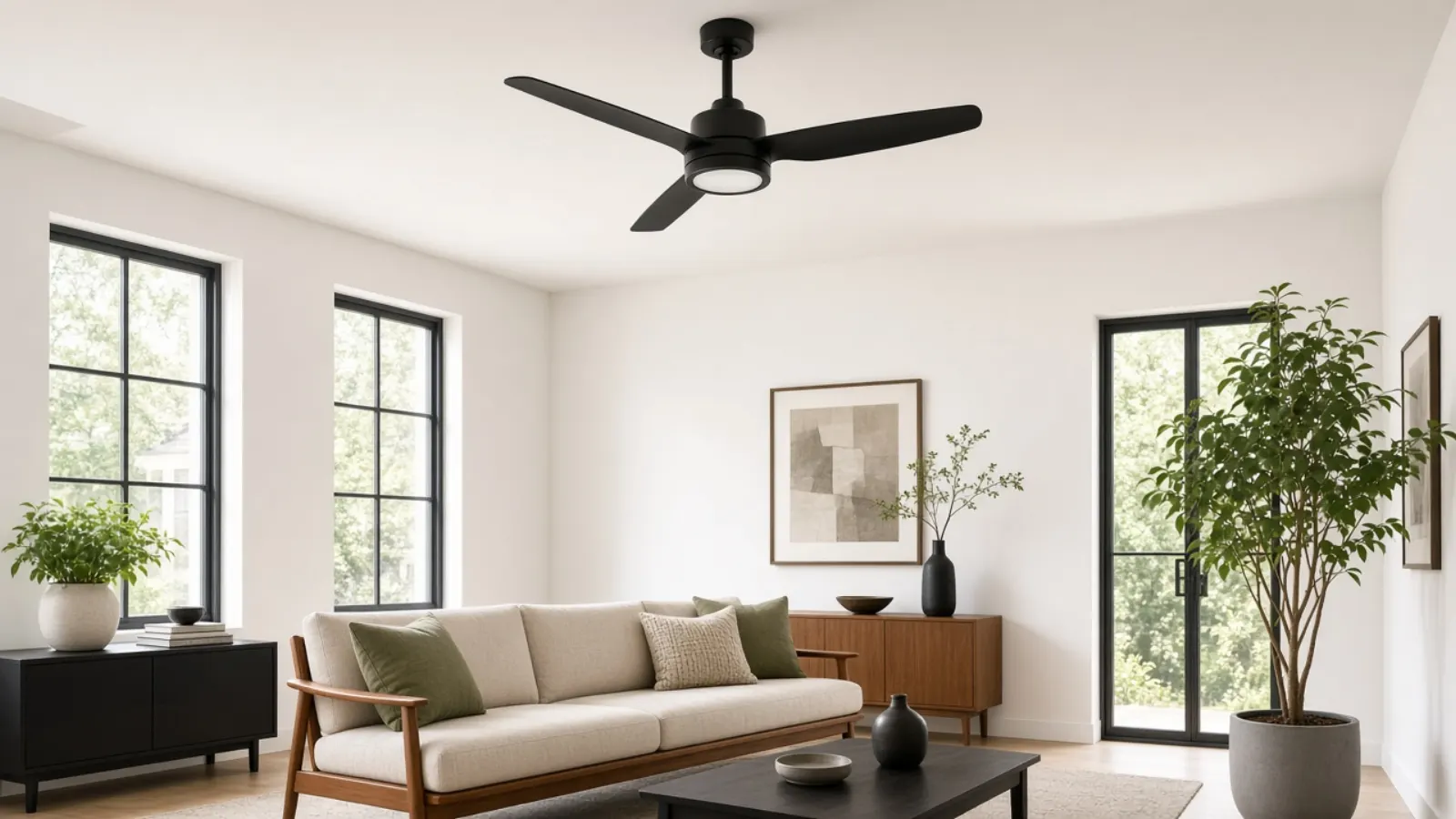 Living room with a matte-black ceiling fan and light kit on a high white ceiling