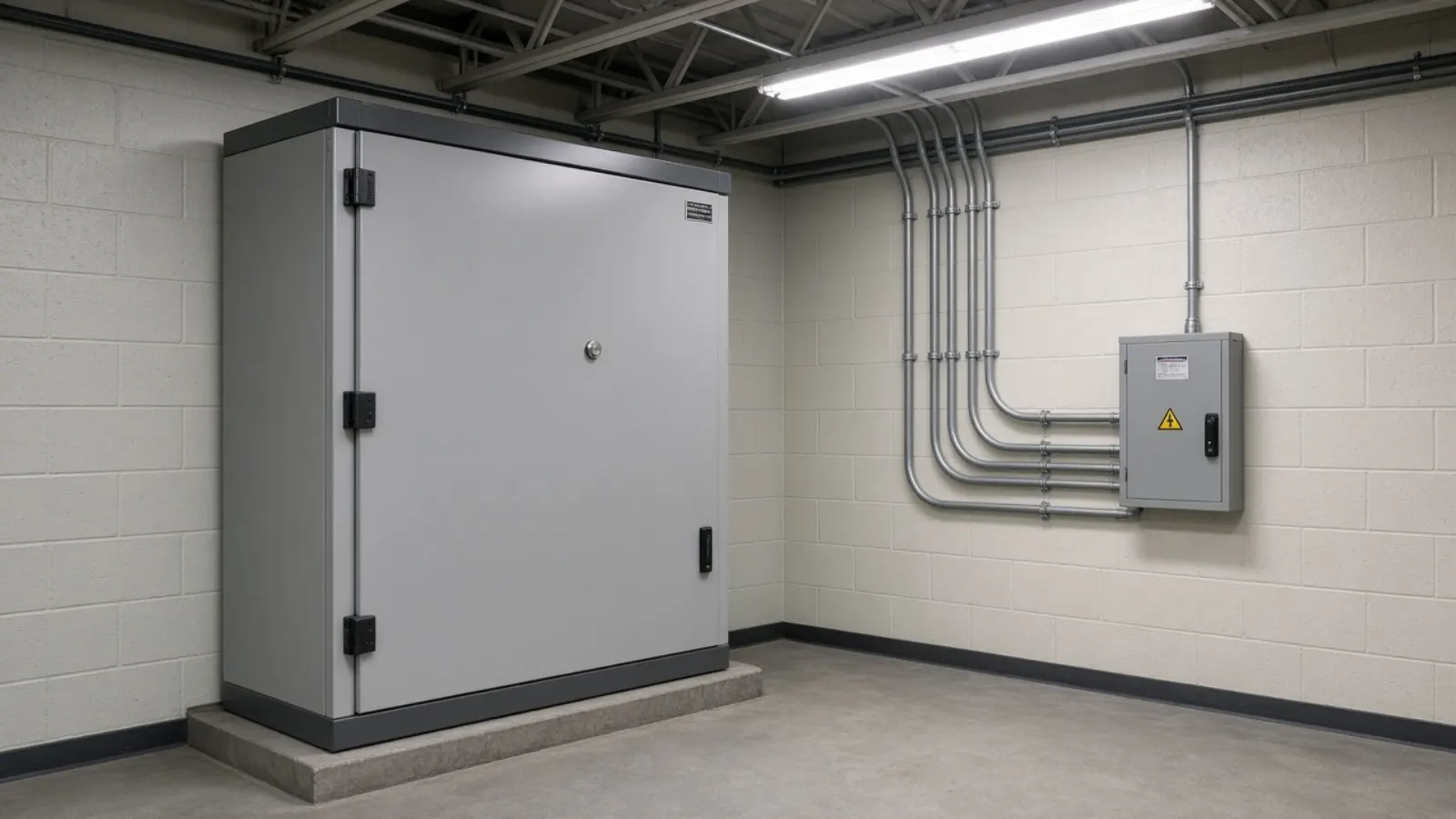 Closed commercial breaker cabinet and neatly strapped conduits in a utility room