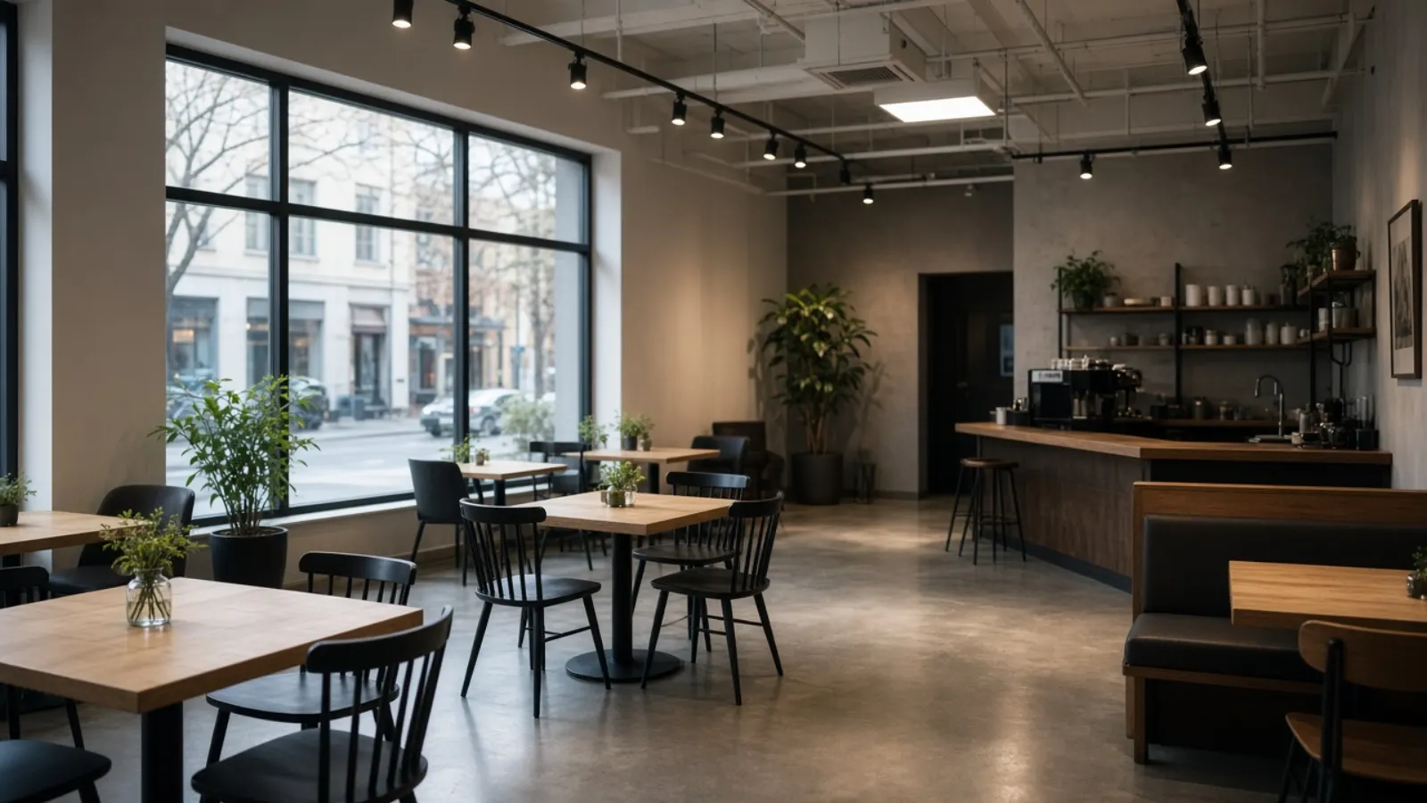 Empty cafe interior with track lighting and large windows after hours