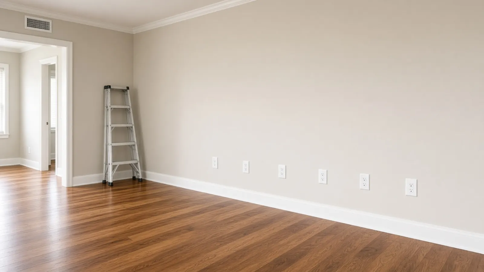 Finished dining room with new outlets in a straight line on a freshly painted wall