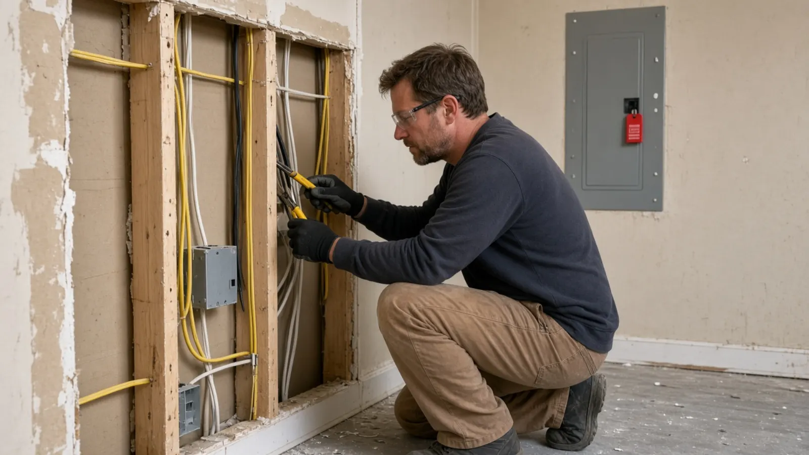 New cable neatly stapled in an open wall cavity during a de-energized renovation