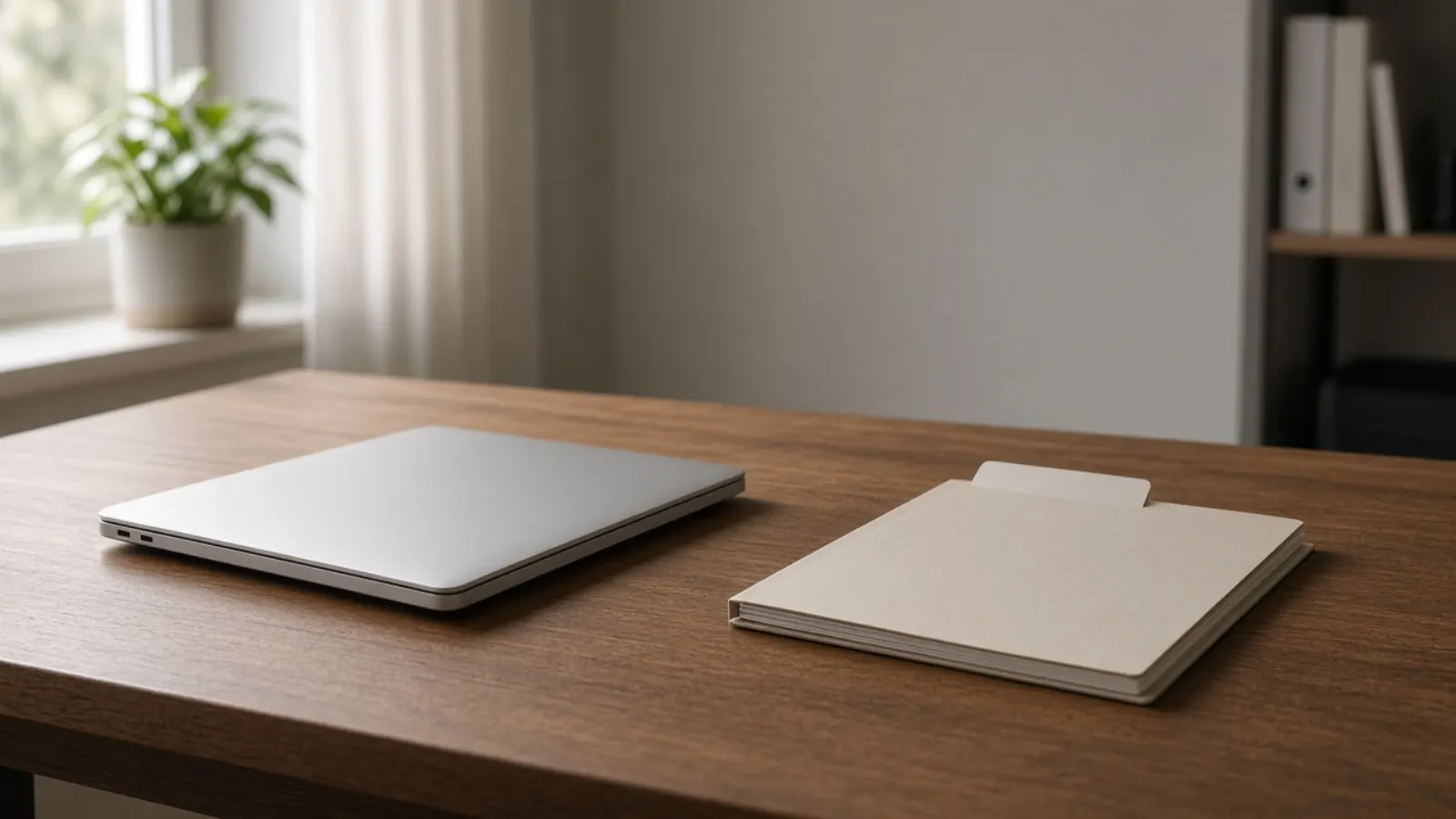 Closed laptop and an unlabeled folder on a wooden desk