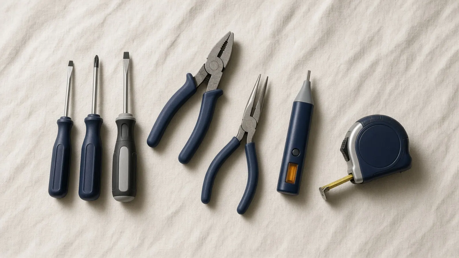 Insulated screwdrivers, strippers, pliers, and a tester arranged on a canvas cloth