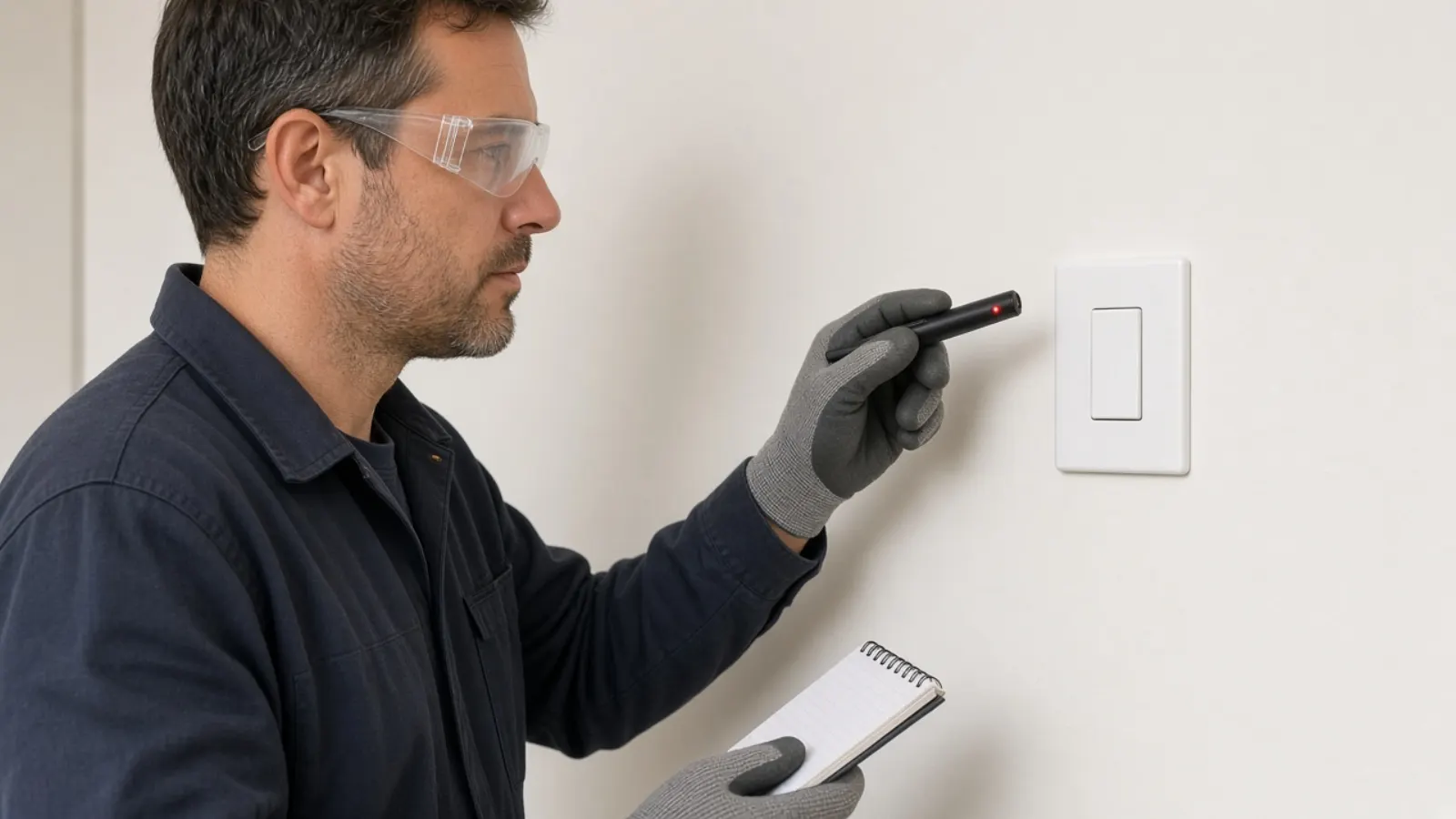 Electrician checking a newly fitted switch plate with a tester after the cover is on