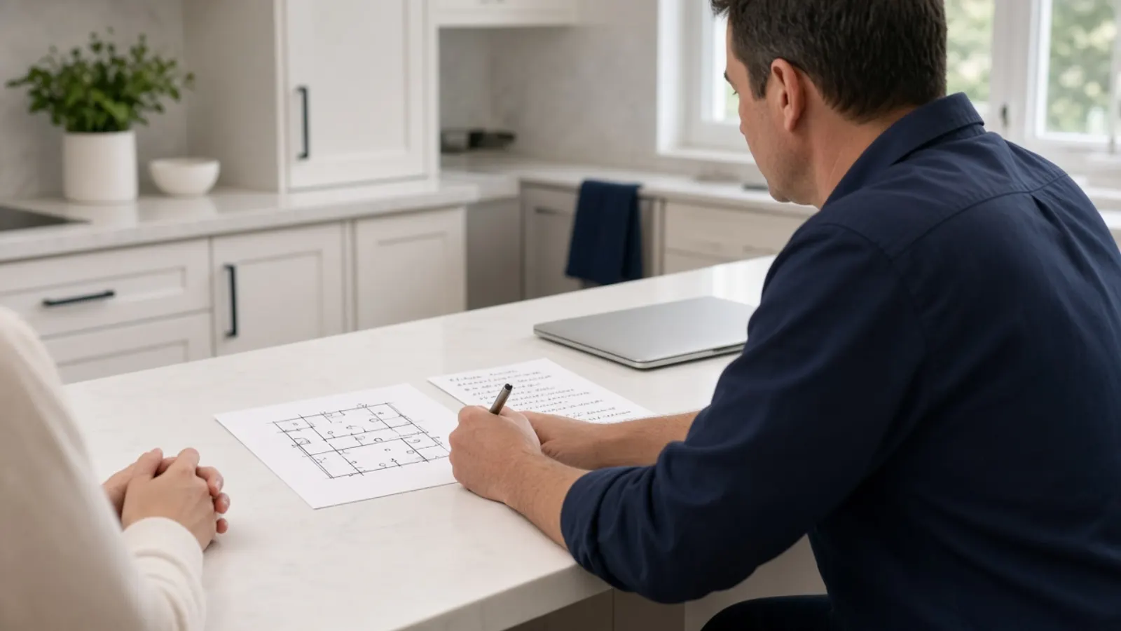 Kitchen table with notes and a simple room sketch used to review an electrical request