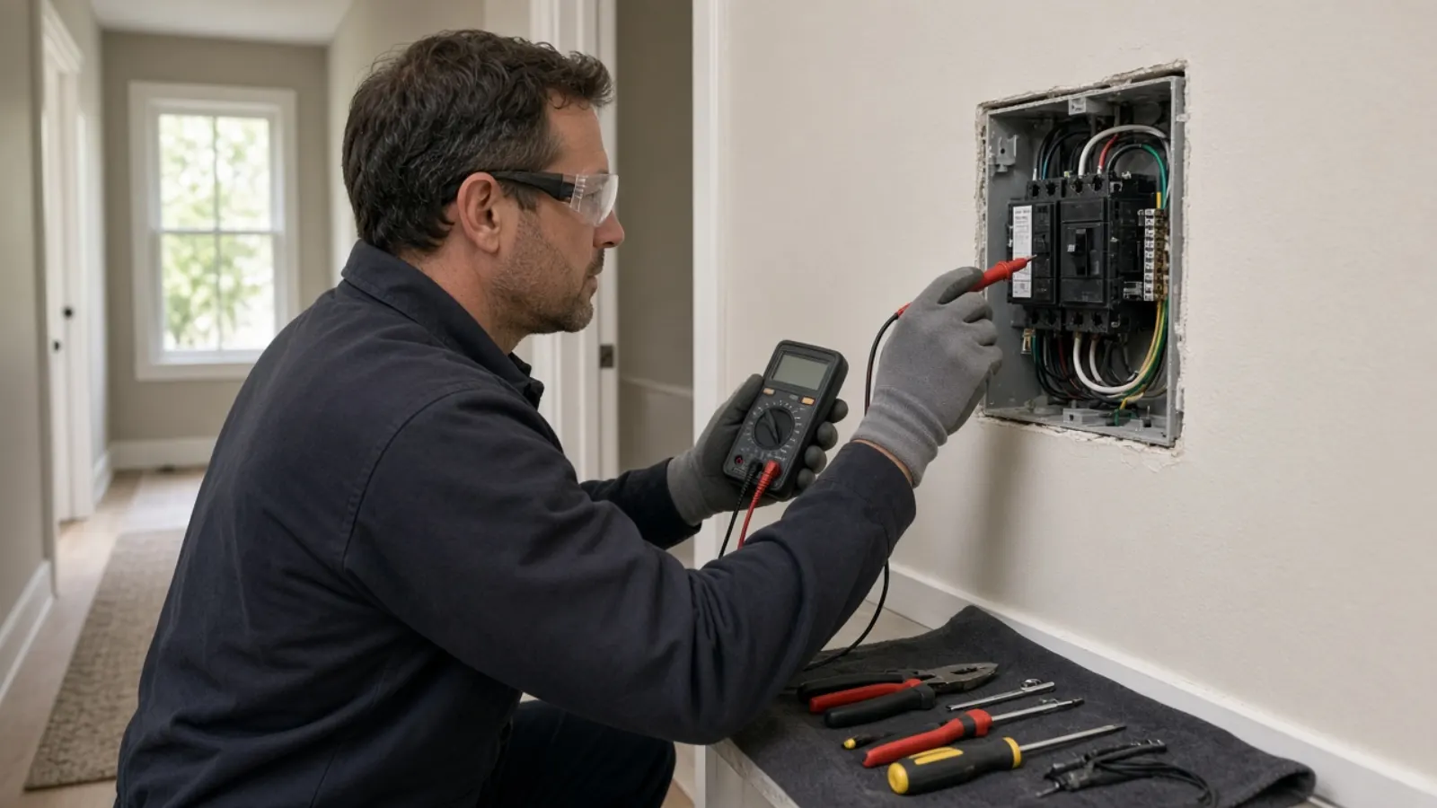 Electrician using a multimeter at a de-energized wall box with insulated gloves on