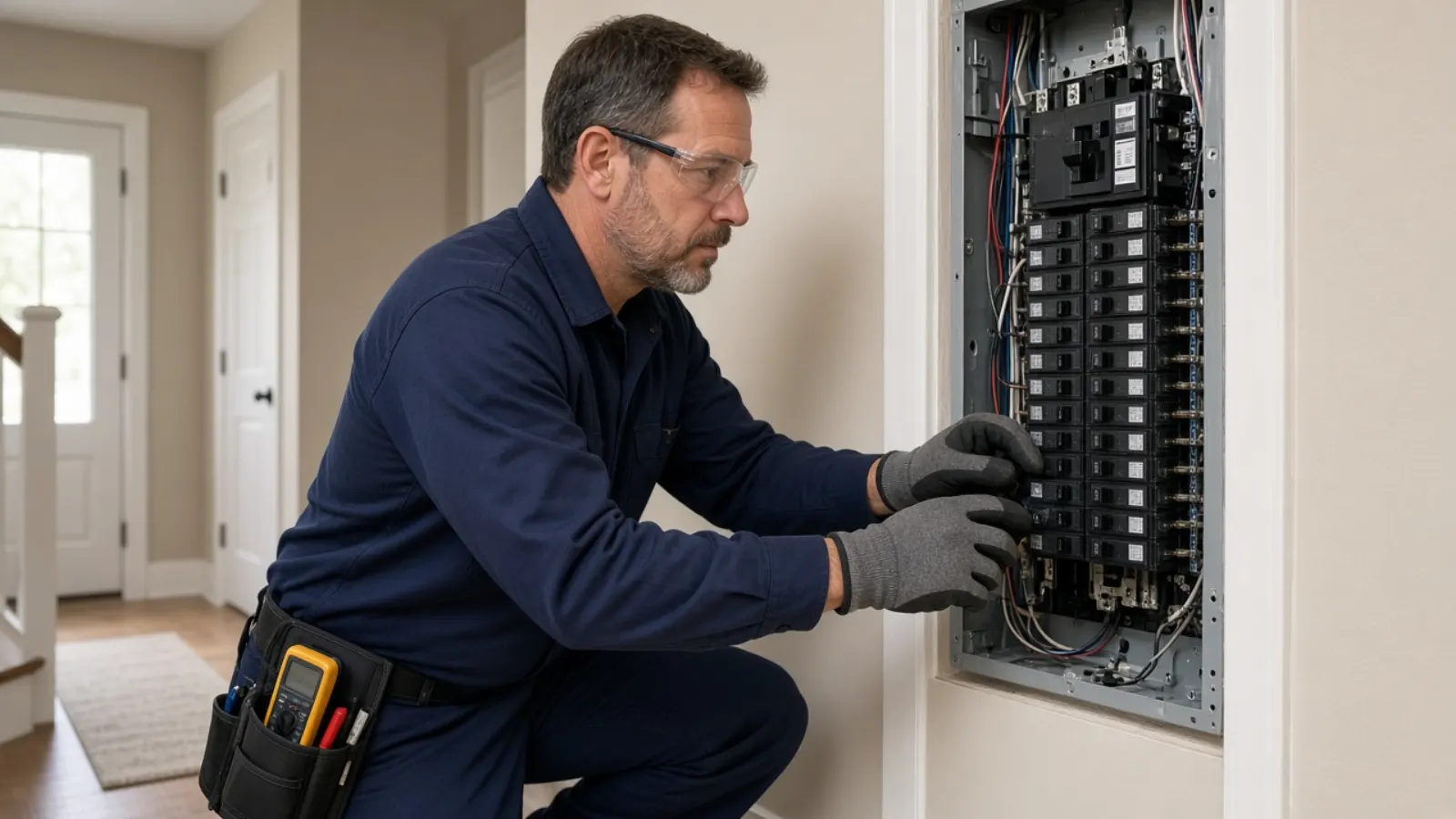 Electrician wearing gloves and safety glasses beside an open residential panel with the main breaker off