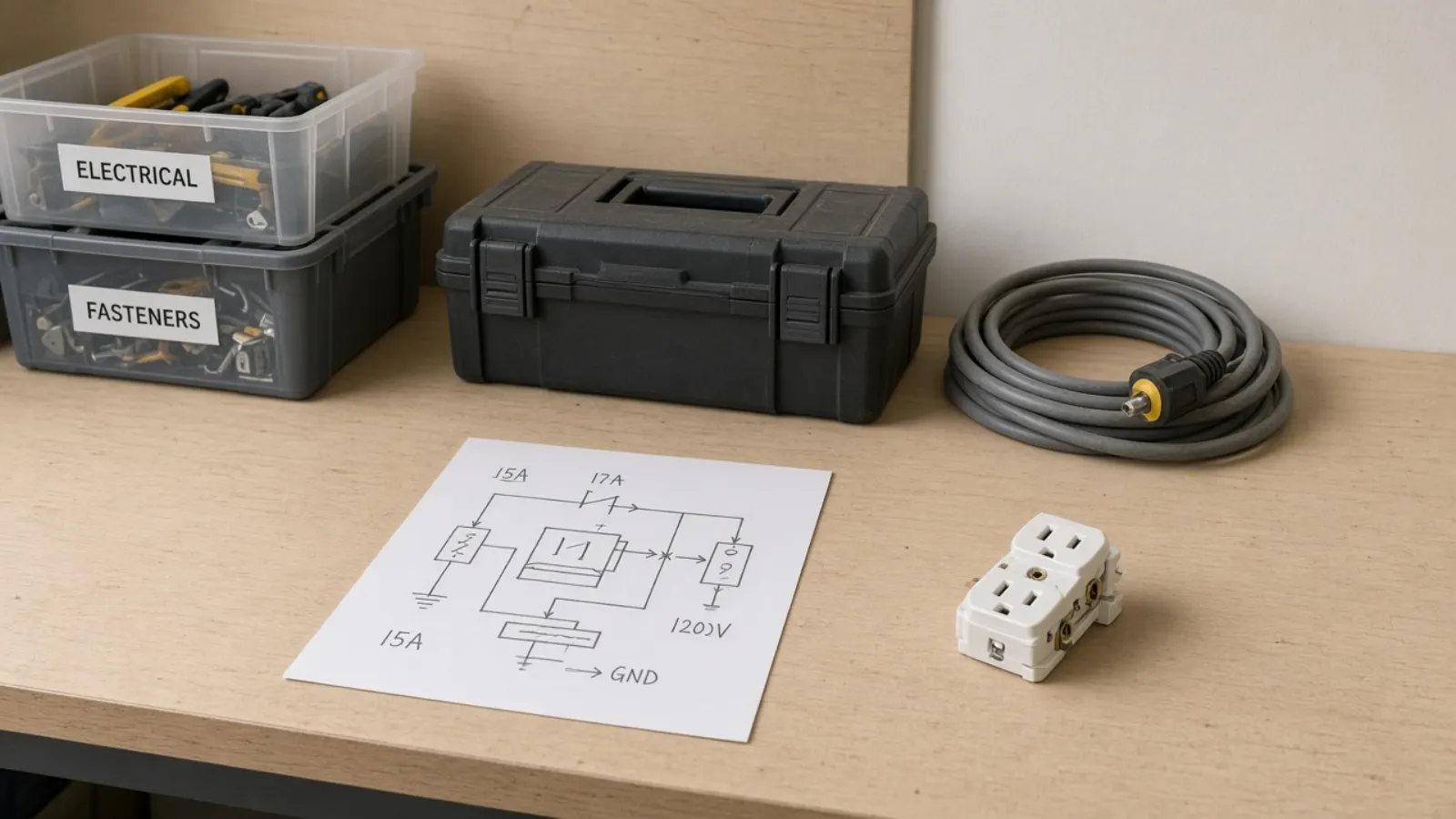 Neutral workbench with a closed toolbox, coiled cord, and a paper circuit sketch
