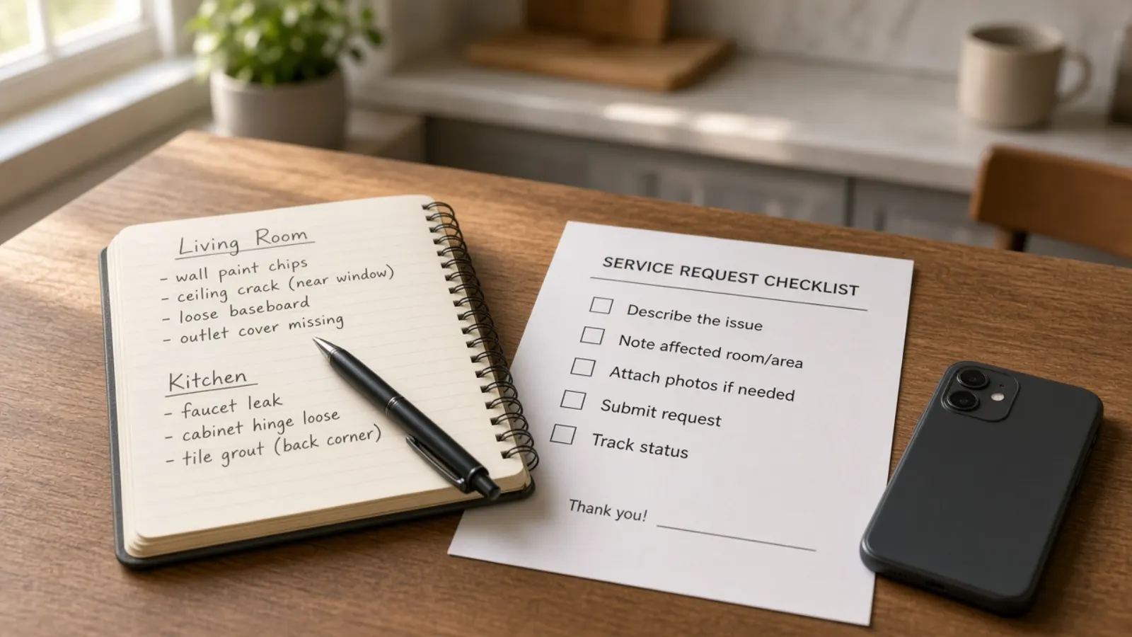 Notebook, pen, and a printed checklist on a kitchen table used to prepare a request