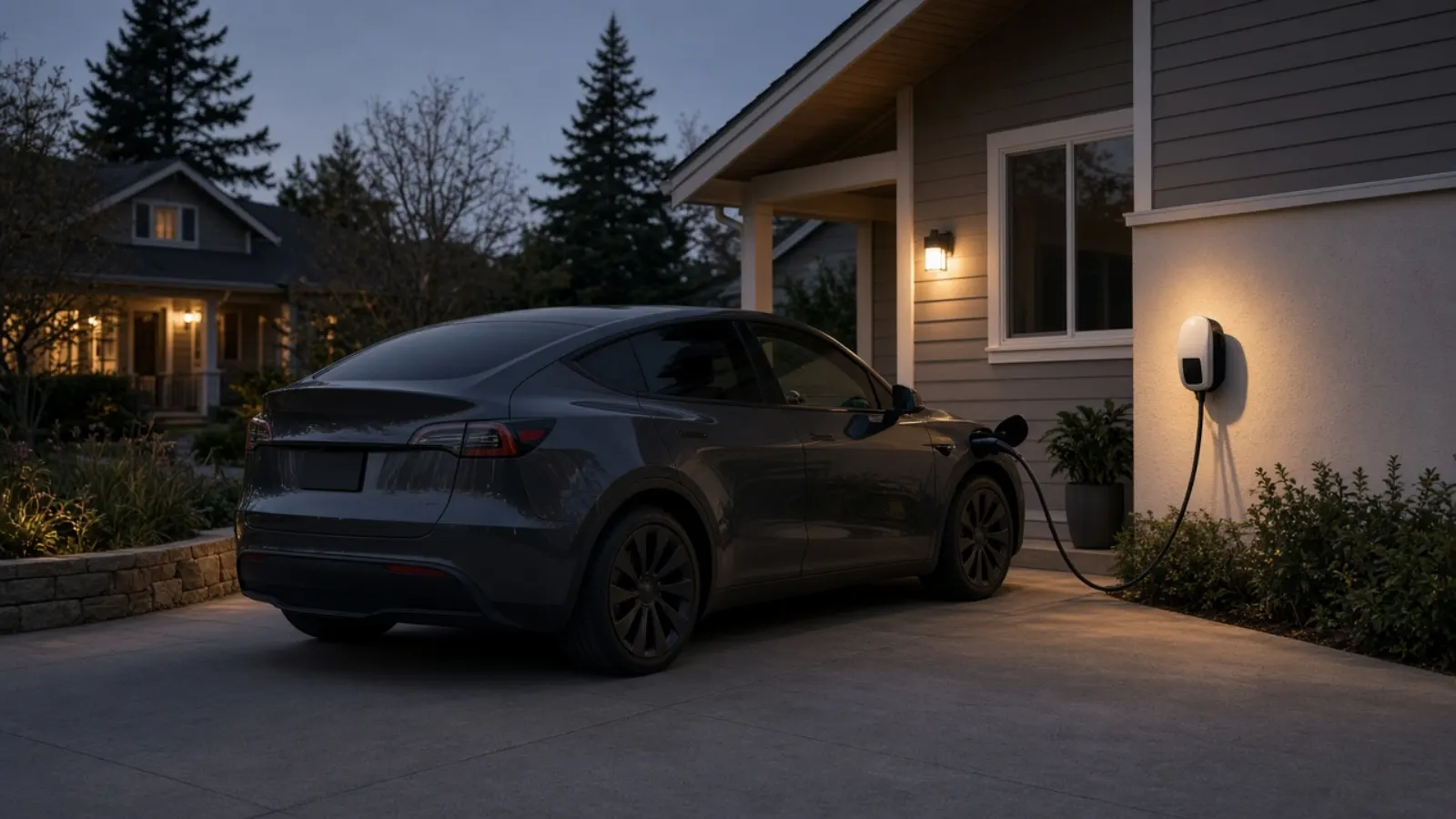 Electric car in a driveway at dusk connected to a wall-mounted home charger