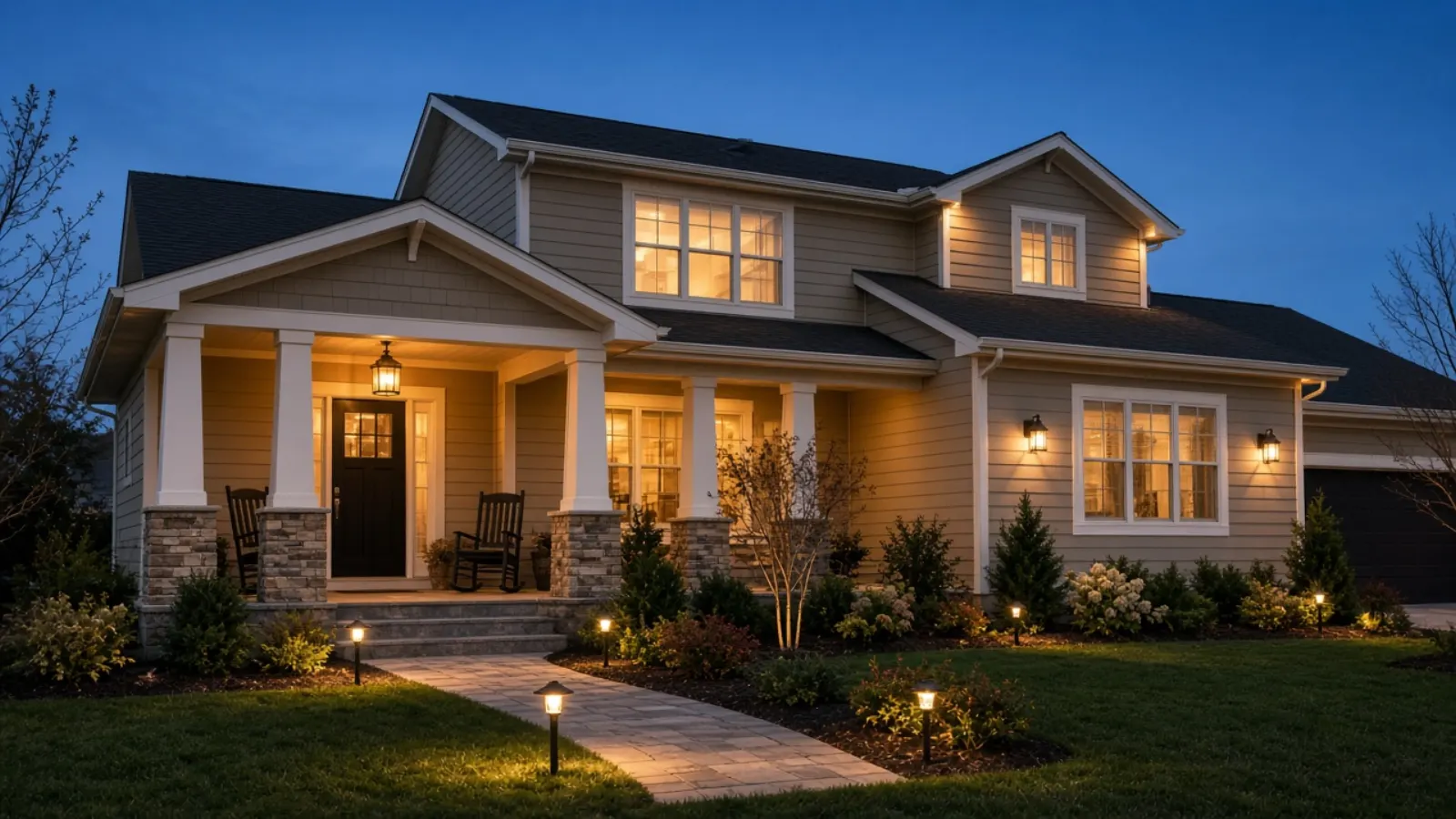Suburban house at dusk with porch lantern and path lights