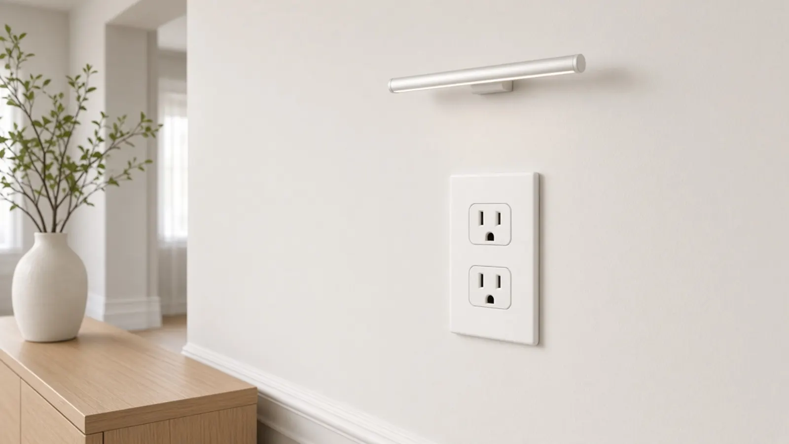 Completed receptacle and hallway light on a freshly finished wall