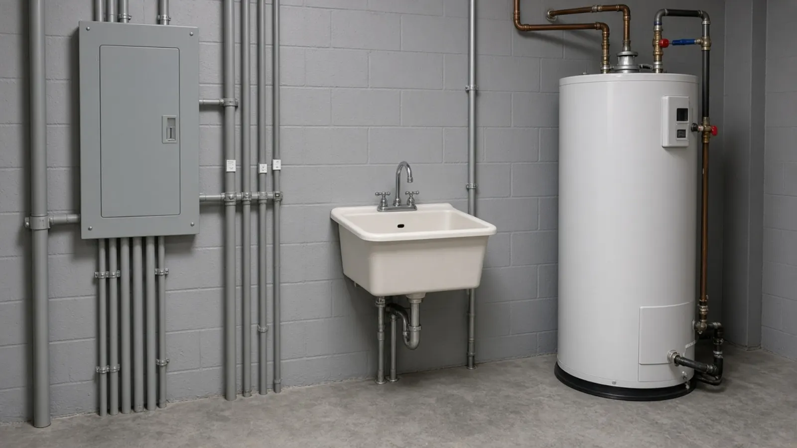Closed residential electrical panel and tidy utility area in a basement