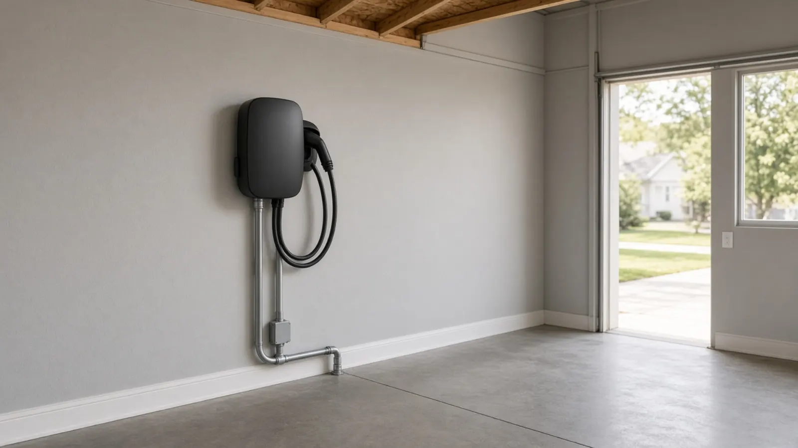 Wall-mounted home EV charger on a clean garage wall with neatly run conduit