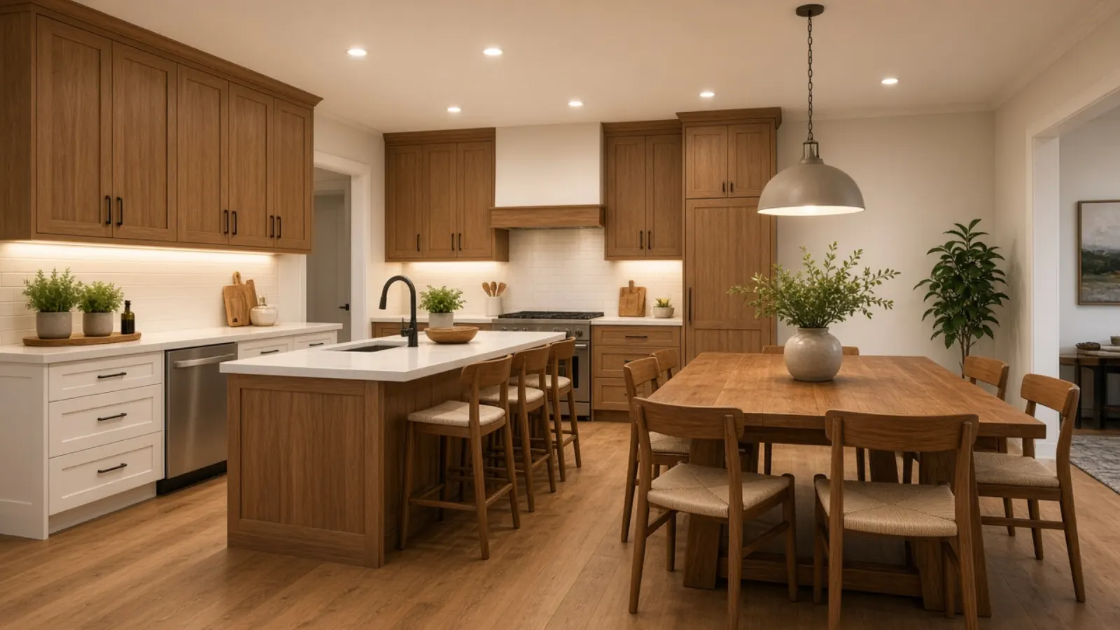 Kitchen and dining interior with under-cabinet lighting and a pendant over the table