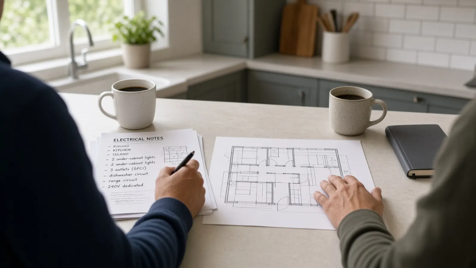 Kitchen counter with notes, a room sketch, and coffee cups during a consultation