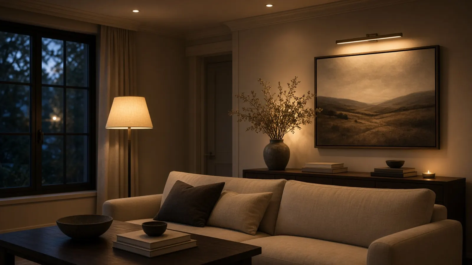 Living room with dimmable ceiling lights and a picture light over artwork