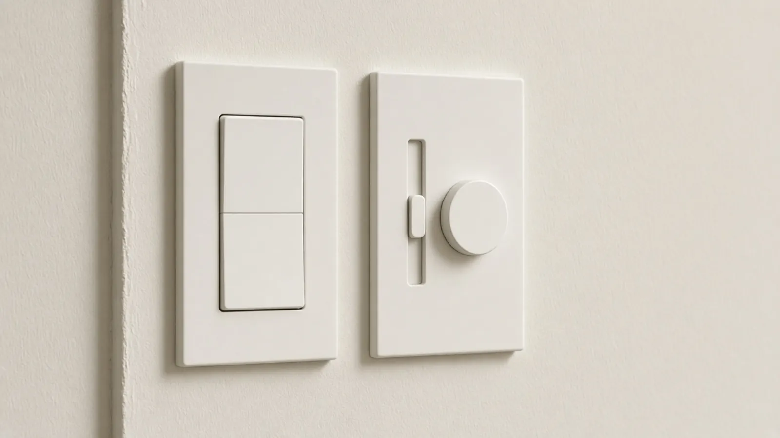 Modern rocker switch and dimmer installed side by side on an off-white wall