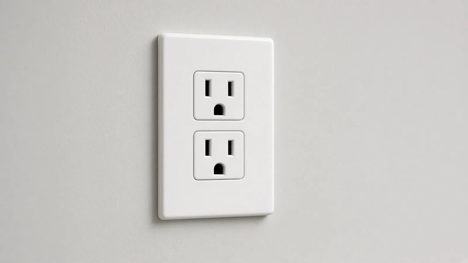 Modern duplex receptacle with a clean cover plate on a pale gray wall