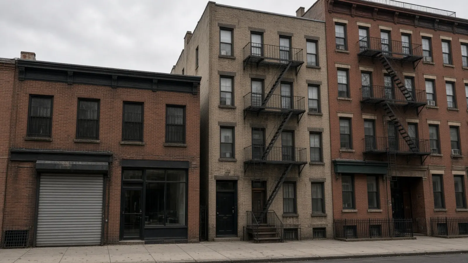 Mixed brick commercial and apartment facades along a city sidewalk