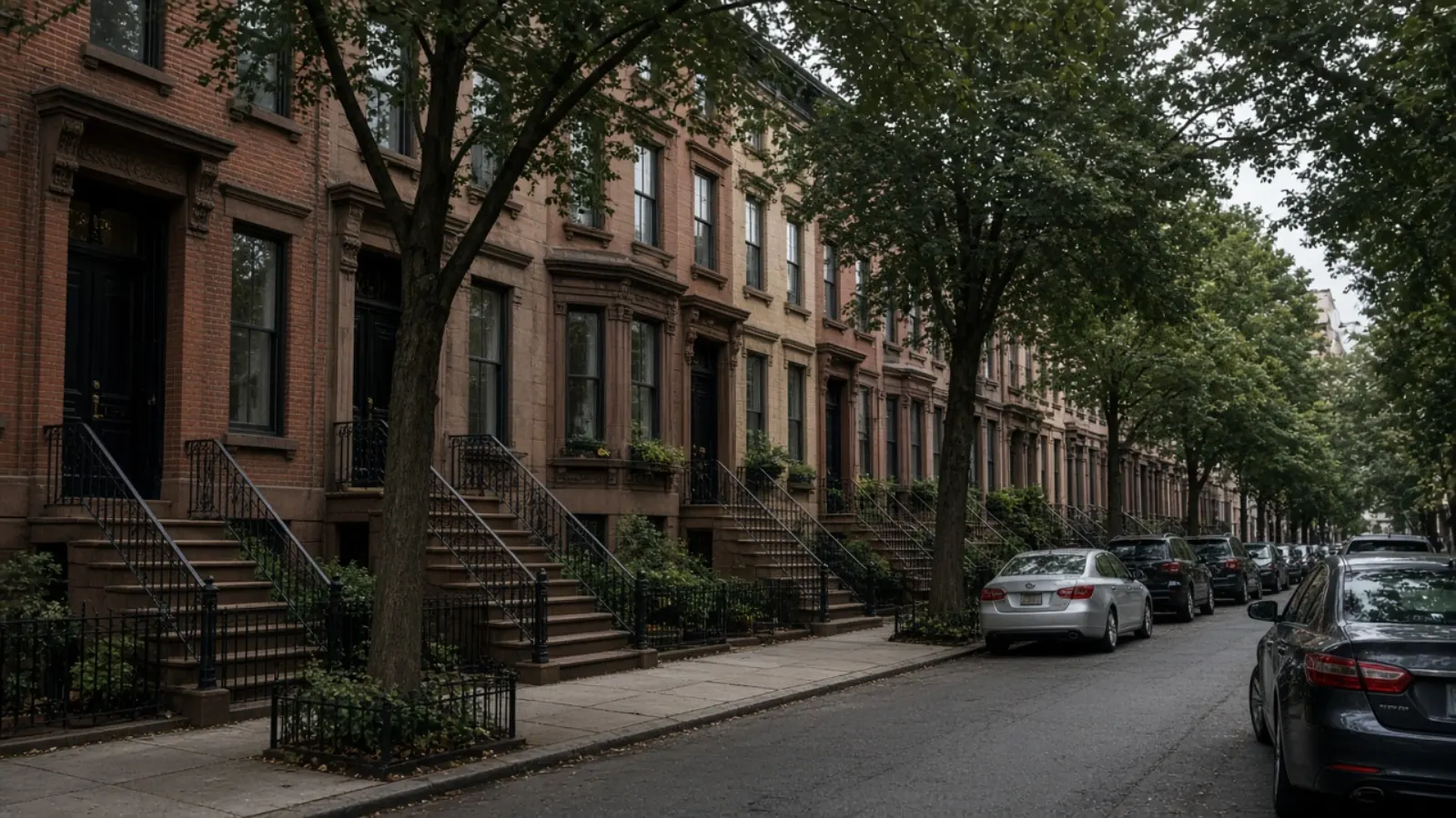 Brick residential street with stoops and trees under an overcast sky