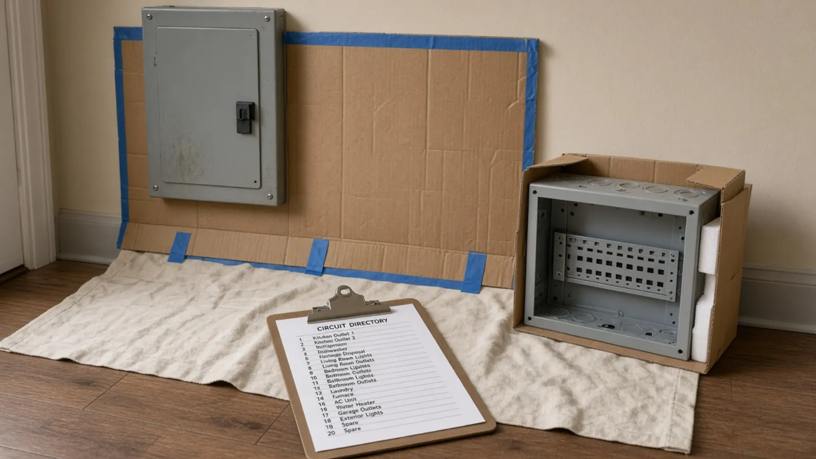 Older closed panel beside a new unused panel box on a drop cloth with a clipboard