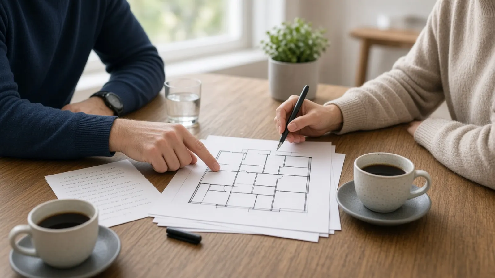 Two people at a table reviewing printed notes and a simple room sketch