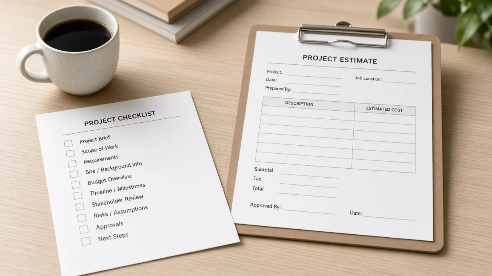 Printed checklist and a blank estimate sheet on a desk with a clipboard and coffee
