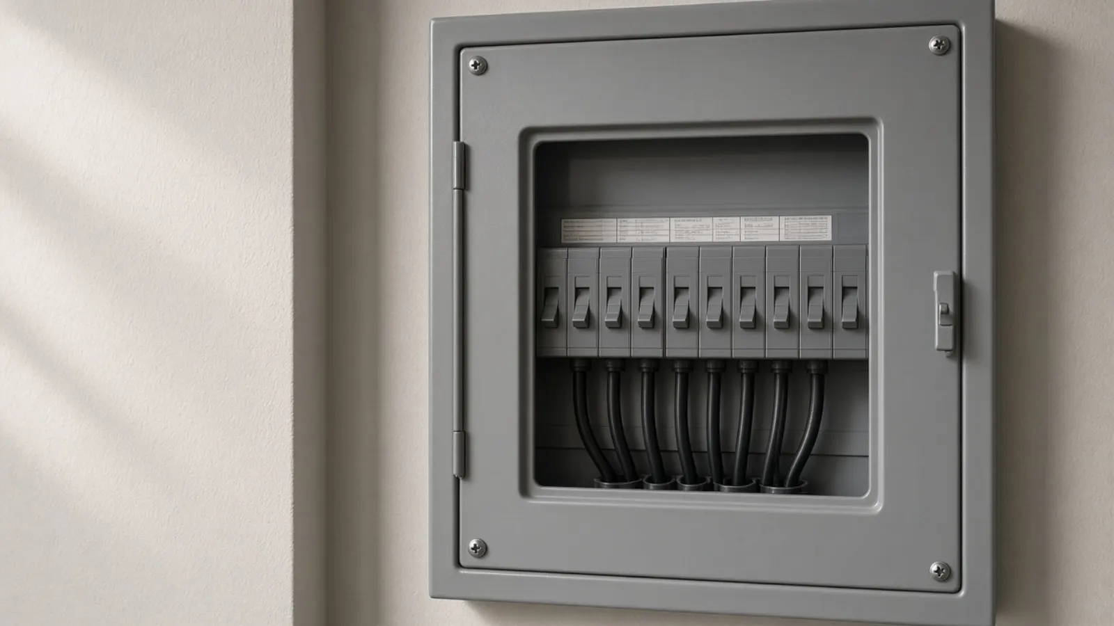 Tidy residential breaker panel with the cover on and labels visible
