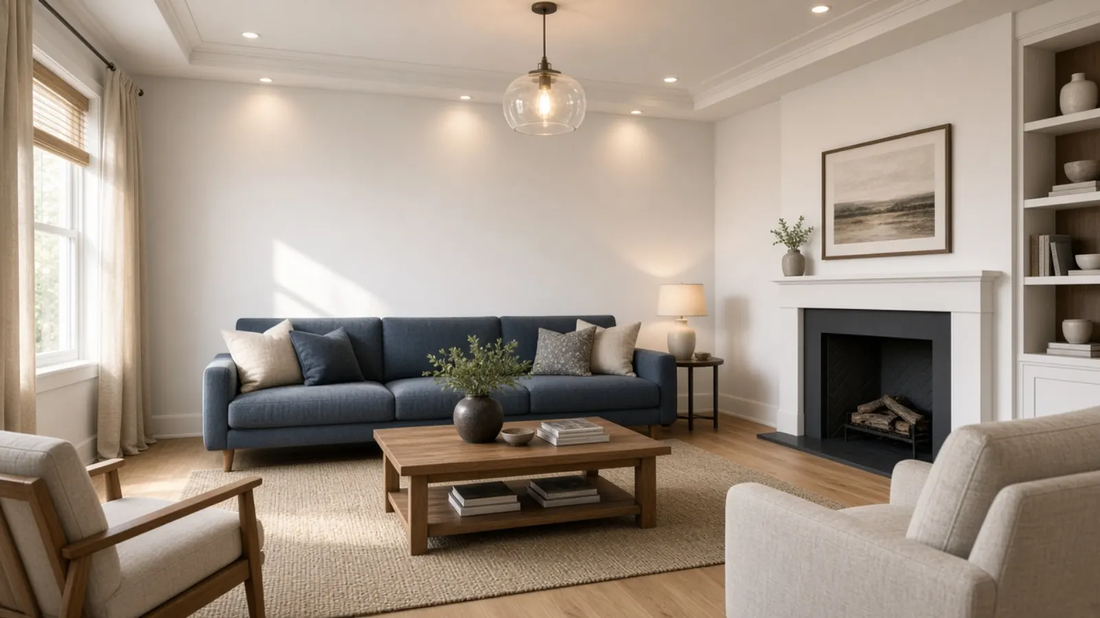 Quiet living room with recessed ceiling lights and a simple pendant over a seating area