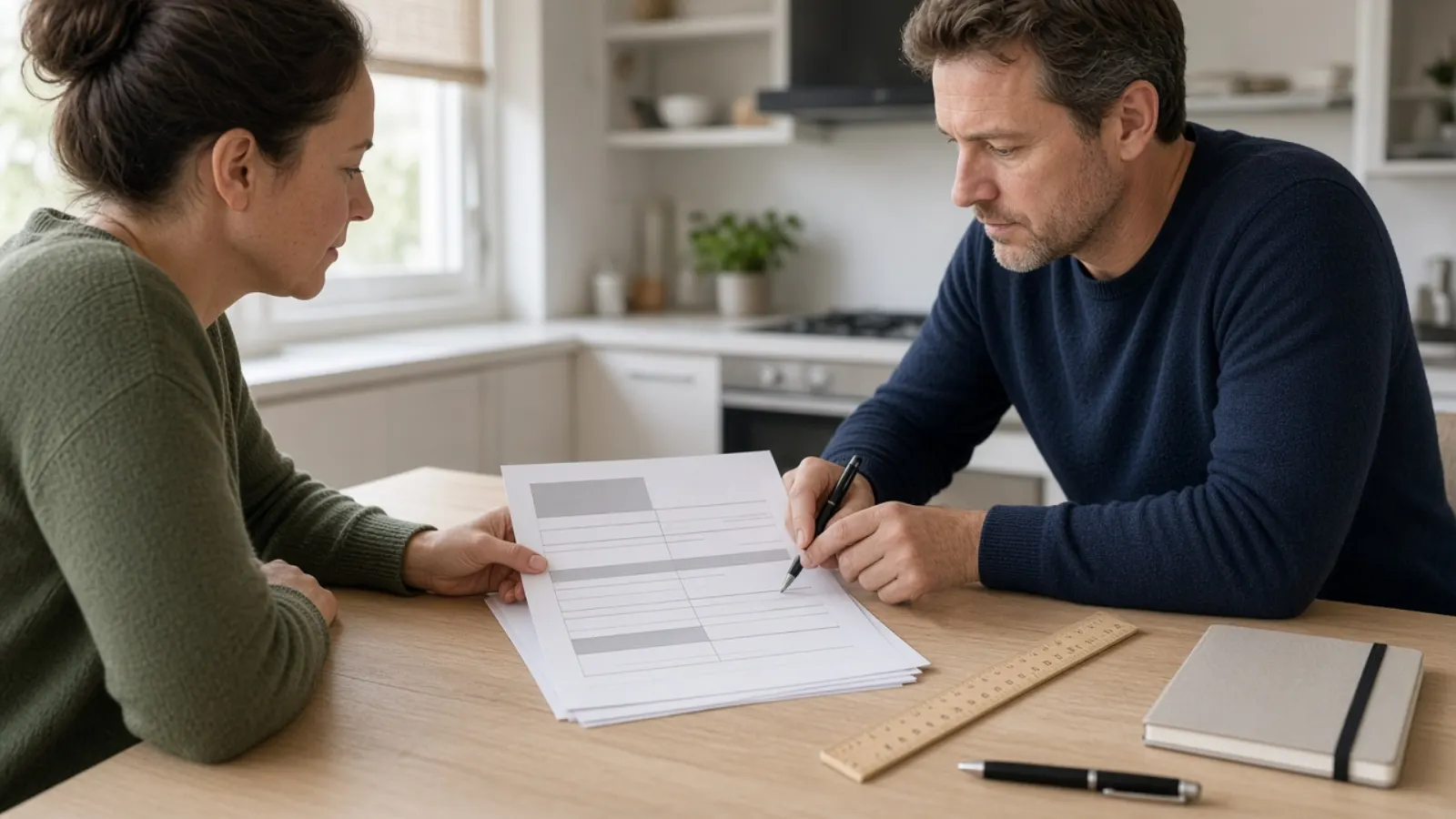 Two people reviewing a printed scope draft at a table with a pen and ruler