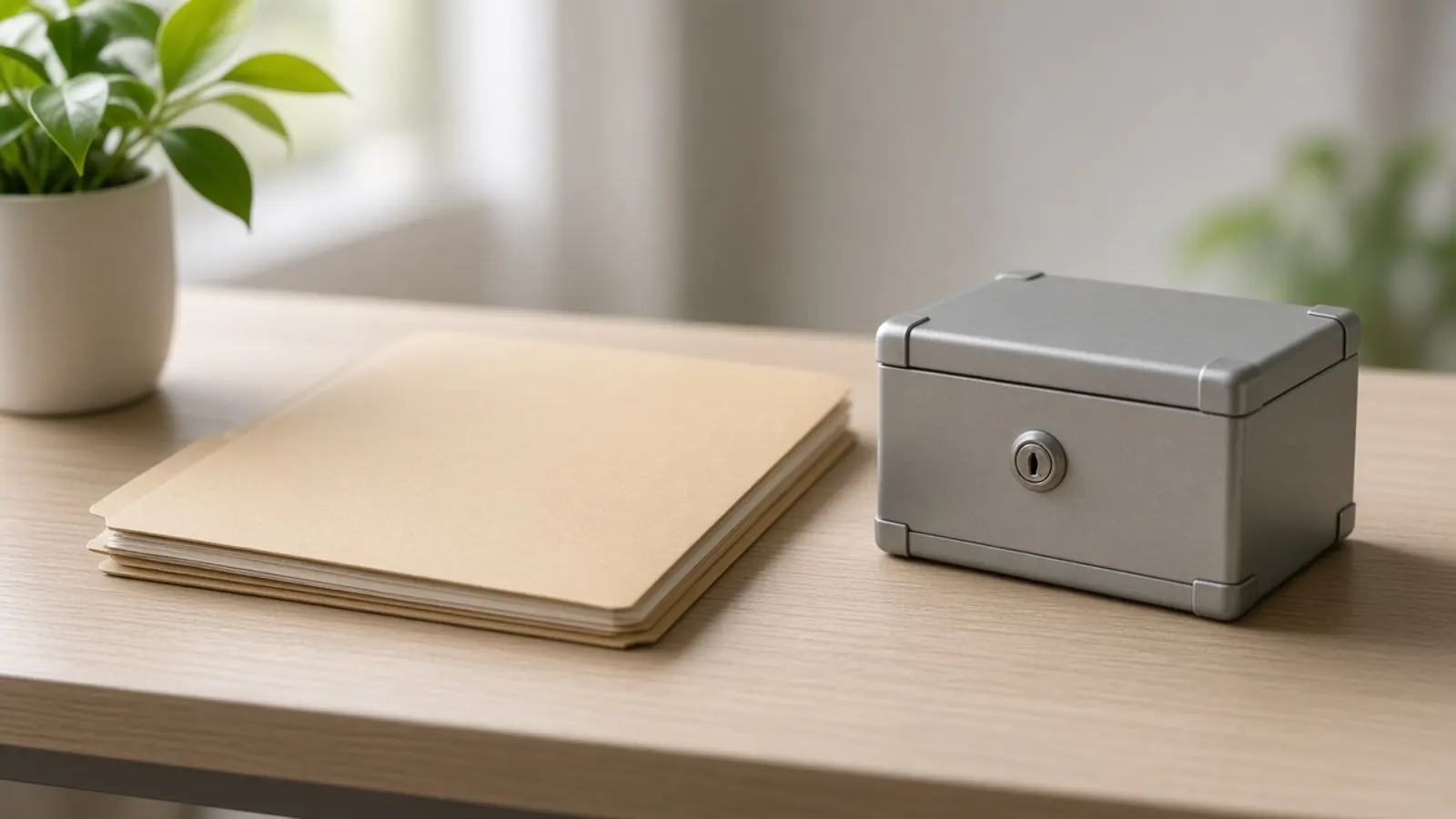 Closed manila folder and a small lockbox on a desk beside a plant