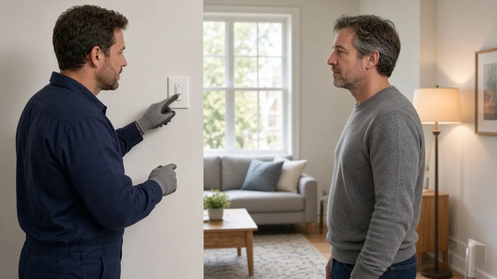Electrician and homeowner looking at a working lamp after a dimmer was installed